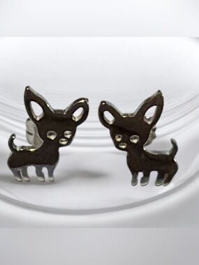 Cute Chihuahua Dog Stud Earrings in Shiny Silver tone